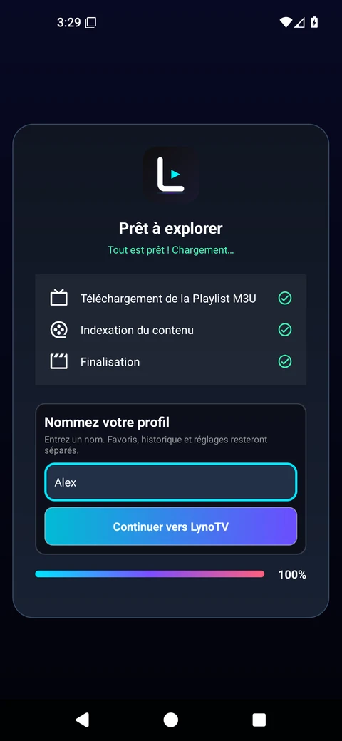 LynoTV affiche les trois étapes terminées après l’import de l’extrait de playlist, puis demande un nom de profil