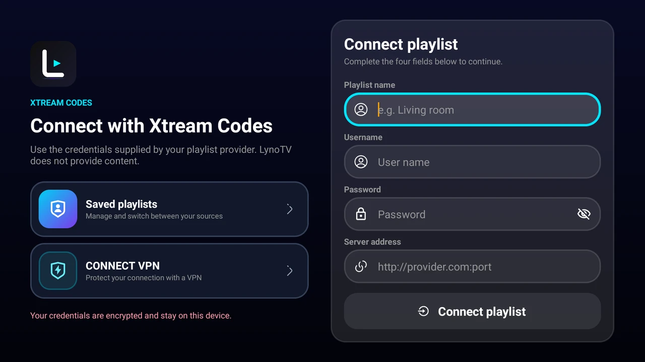 Le formulaire Xtream Codes de LynoTV sur Android TV distingue le nom de la playlist, l’identifiant, le mot de passe et le serveur