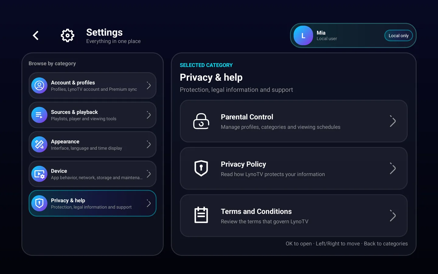 LynoTV parental control settings on an Android tablet