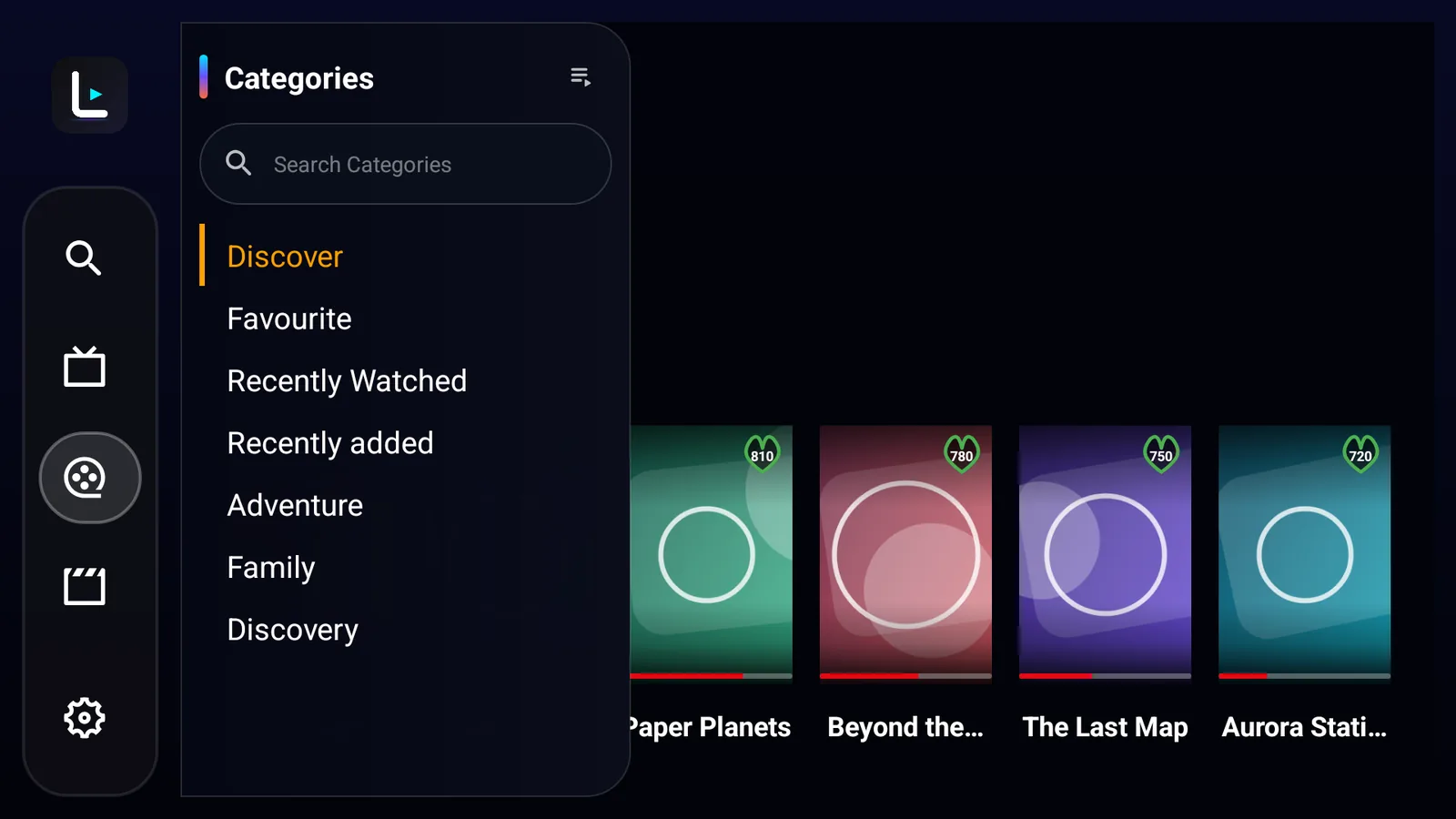 A fictional catalogue displayed in LynoTV on an Android television