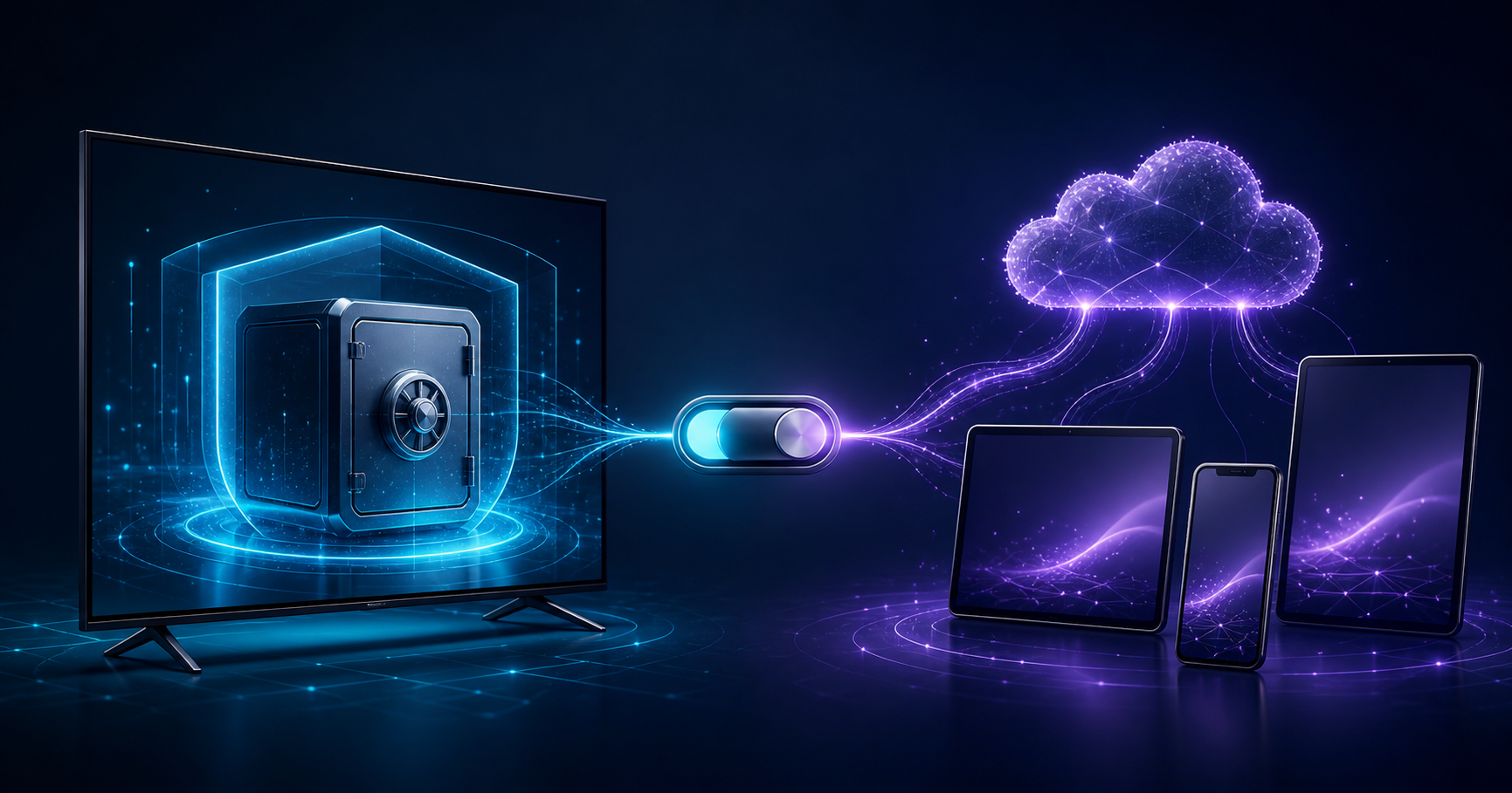 Deux appareils LynoTV reliés à un coffre chiffré avec un choix entre stockage local et synchronisation